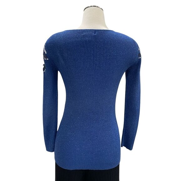 Blue Long Sleeve Ribbed Sequin Embellished Sweater M Glam Sparkly Festival Chic - Picture 6 of 11